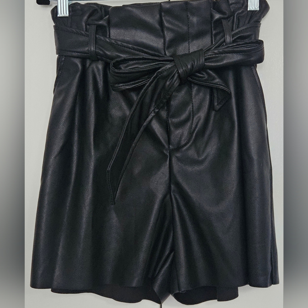 Black Faux Leather Paperbag Waist Belted Shorts- Size S NWOT